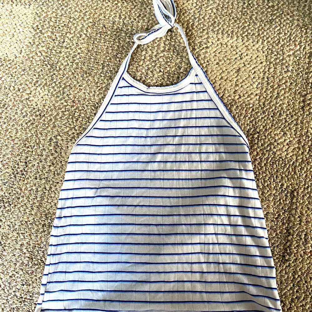 Blue and white striped American Eagle halter tank top